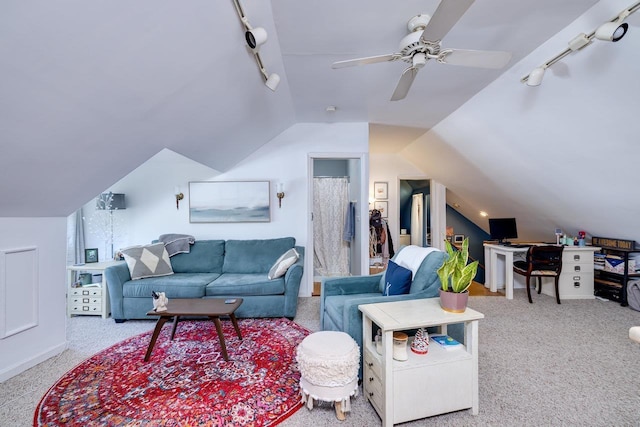 289 Newman Ave, Harrisonburg, VA 22801 - carpeted living area featuring track lighting, vaulted ceiling, and ceiling fan