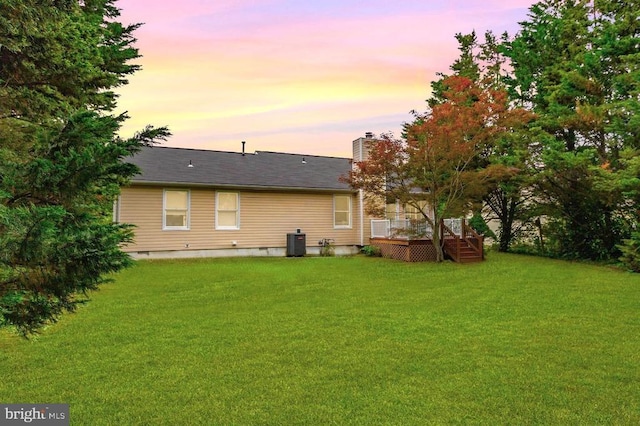 10807 Bent Tree Dr, Fredericksburg, VA 22407 - back of house with central AC, a wooden deck, a yard, crawl space, and a chimney