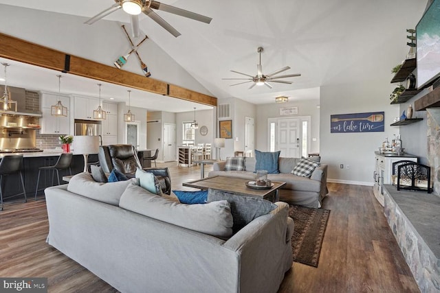 6800 Lake Pointe Dr, Mineral, VA 23117 - living area featuring a ceiling fan, dark wood-type flooring, baseboards, high vaulted ceiling, and beam ceiling