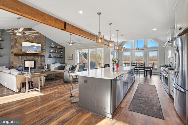 6800 Lake Pointe Dr, Mineral, VA 23117 - kitchen featuring a ceiling fan, stainless steel appliances, a sink, a kitchen island with sink, and light countertops