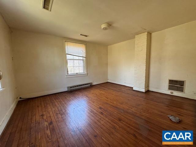 4473 Old Sand Rd, Schuyler, VA 22969 - empty room featuring baseboards, baseboard heating, visible vents, and hardwood / wood-style flooring
