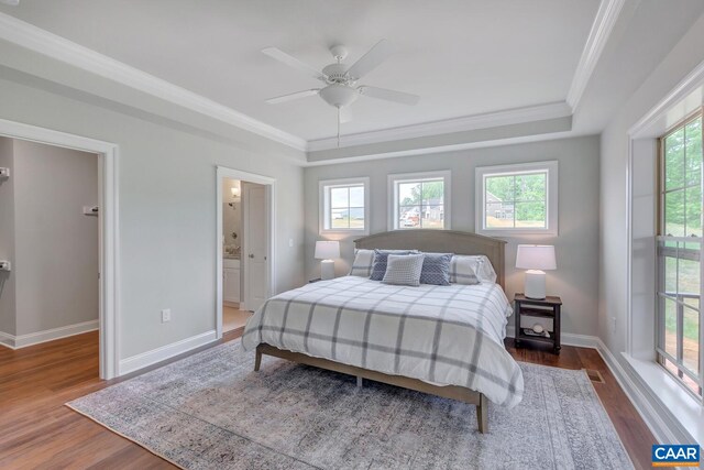 bedroom featuring multiple windows, wood finished floors, and ornamental molding