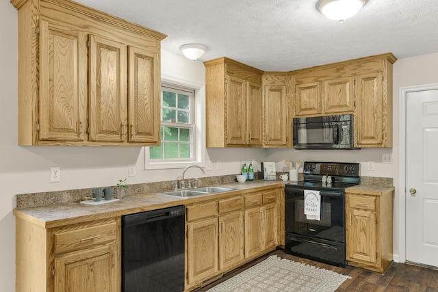 740 Confederacy Dr, Penn Laird, VA 22846 - kitchen featuring black appliances, a sink, dark wood finished floors, light countertops, and a textured ceiling