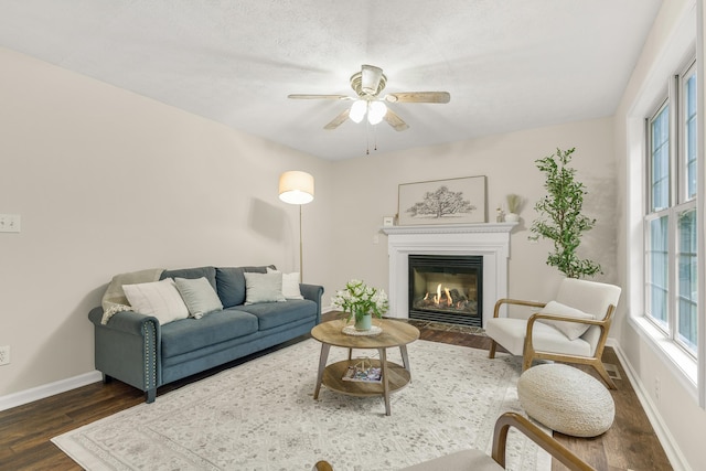 740 Confederacy Dr, Penn Laird, VA 22846 - living room featuring dark wood-type flooring, baseboards, a ceiling fan, and a fireplace with flush hearth