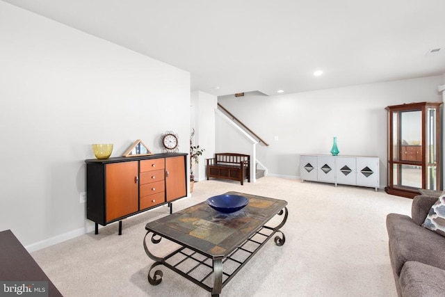 3801 Drayton Ct, Fredericksburg, VA 22408 - living room featuring stairs, light colored carpet, and recessed lighting
