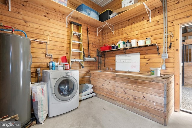 9107 Grasty Gold Mine Rd, Rhoadesville, VA 22542 - laundry room featuring water heater, wood walls, and washer and dryer