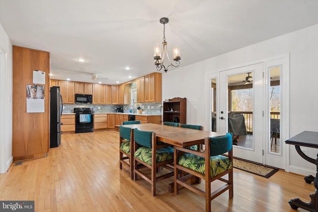 9107 Grasty Gold Mine Rd, Rhoadesville, VA 22542 - dining room with ceiling fan, light wood-style floors, a chandelier, baseboards, and recessed lighting
