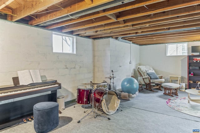 basement with plenty of natural light and carpet flooring