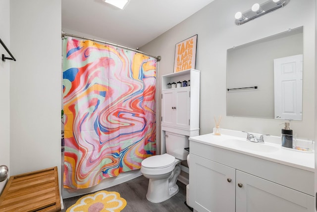 16715 Prospect Ave E, Elkton, VA 22827 - full bathroom featuring toilet, vanity, wood finished floors, and a shower with shower curtain