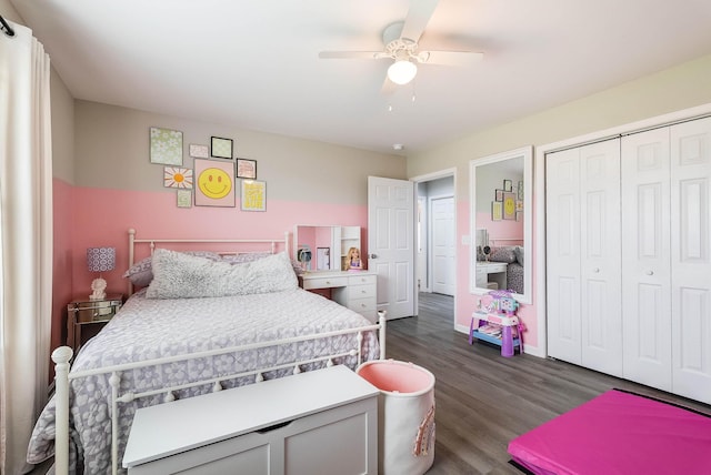 16715 Prospect Ave E, Elkton, VA 22827 - bedroom featuring dark wood-type flooring, a closet, a ceiling fan, and baseboards