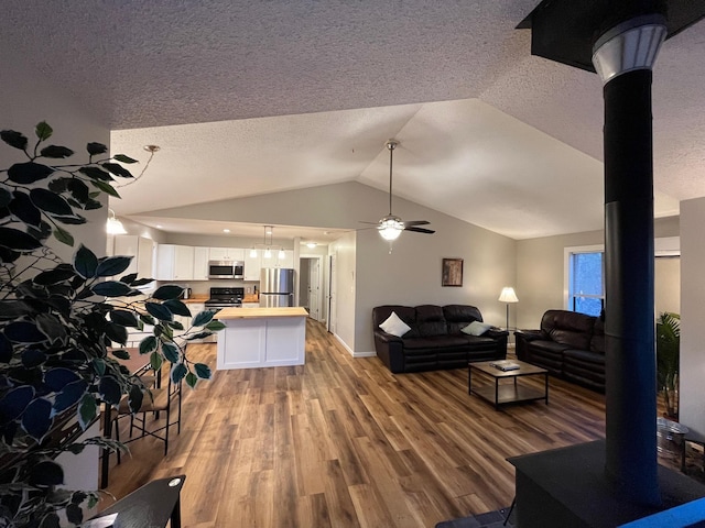living area with lofted ceiling, light wood finished floors, and a textured ceiling