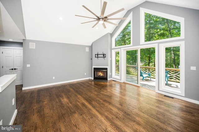 14906 Laurel Point Ln, Spotsylvania, VA 22551 - unfurnished living room with ceiling fan, a fireplace with flush hearth, high vaulted ceiling, and dark wood finished floors