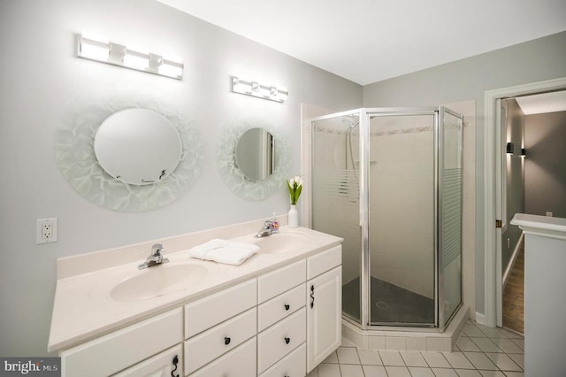 14906 Laurel Point Ln, Spotsylvania, VA 22551 - bathroom featuring a shower stall, double vanity, and tile patterned flooring