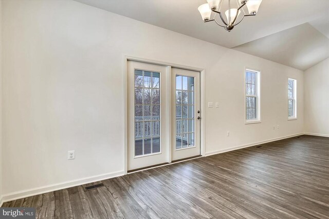 Ryland Chapel Rd, Jeffersonton, VA 22724 - unfurnished dining area with an inviting chandelier, baseboards, dark wood-type flooring, and visible vents