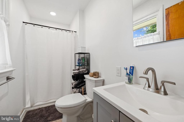  - full bathroom with vanity, a shower with shower curtain, tile patterned flooring, and recessed lighting