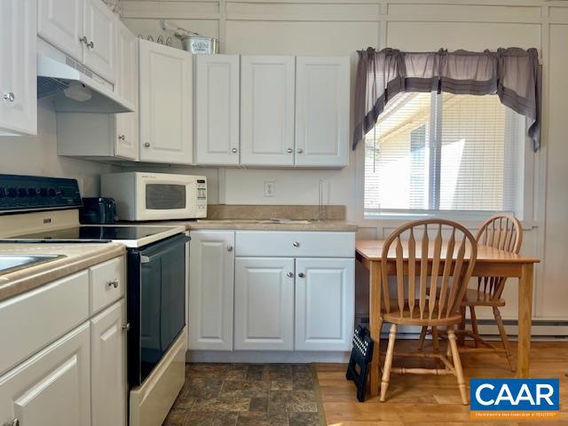 1308 Spruce St, Monterey, VA 24465 - kitchen with white microwave, under cabinet range hood, light countertops, white cabinets, and electric stove
