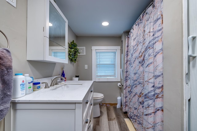 15745 Runions Creek Rd, Broadway, VA 22815 - bathroom with toilet, curtained shower, wood finished floors, and vanity