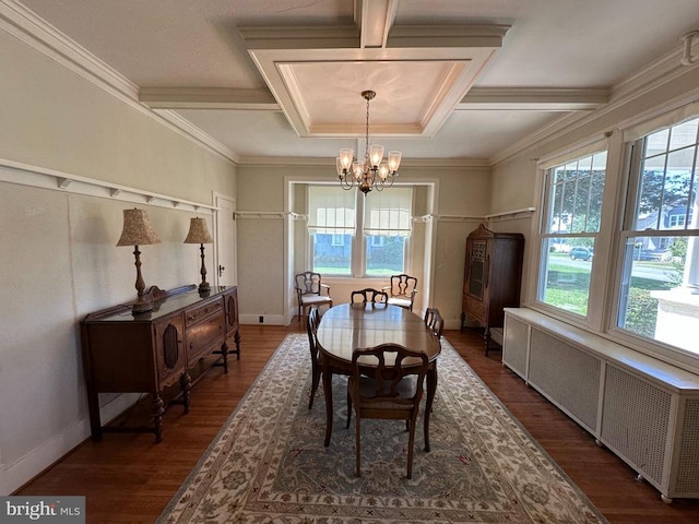 8 Bartlett Ave, Luray, VA 22835 - dining area featuring radiator heating unit, a chandelier, coffered ceiling, wood finished floors, and beamed ceiling