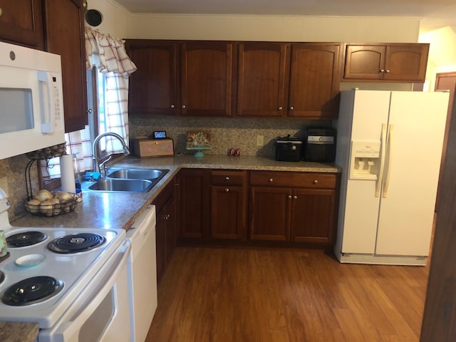 109 Cooper Dr, Stuarts Draft, VA 24477 - kitchen with white appliances, wood finished floors, and backsplash