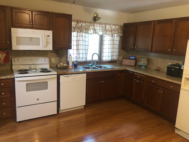 109 Cooper Dr, Stuarts Draft, VA 24477 - kitchen featuring white appliances, decorative backsplash, dark wood finished floors, crown molding, and dark brown cabinetry