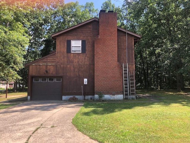 109 Cooper Dr, Stuarts Draft, VA 24477 - view of front of house featuring a chimney, a front lawn, concrete driveway, and a garage