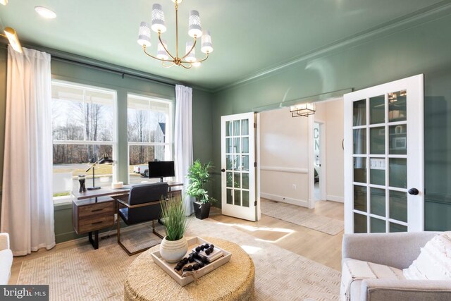 10103 N Streamview Ct, Fredericksburg, VA 22408 - home office with french doors, a chandelier, wood finished floors, and ornamental molding