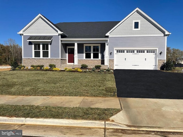 10103 N Streamview Ct, Fredericksburg, VA 22408 - craftsman inspired home with stone siding, asphalt driveway, a front lawn, and an attached garage