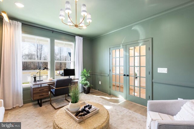 10103 N Streamview Ct, Fredericksburg, VA 22408 - office area with french doors, a chandelier, wood finished floors, and ornamental molding
