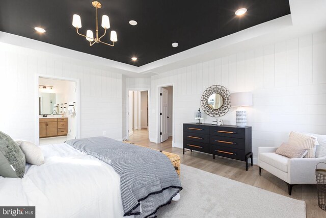 10103 N Streamview Ct, Fredericksburg, VA 22408 - bedroom with a chandelier, light wood finished floors, a tray ceiling, ensuite bath, and recessed lighting