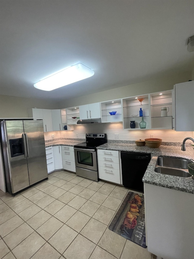 27 Shannon Pl Unit 27, Staunton, VA 24401 - kitchen with appliances with stainless steel finishes, open shelves, light tile patterned flooring, backsplash, and white cabinets