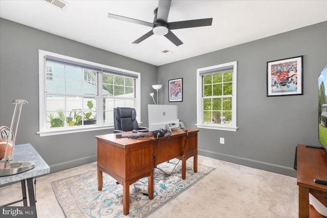  - carpeted office space featuring plenty of natural light and ceiling fan