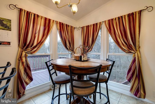 400 Fork River Rd N, Shenandoah, VA 22849 - dining area featuring ornamental molding, healthy amount of natural light, a chandelier, light tile patterned floors, and a textured ceiling