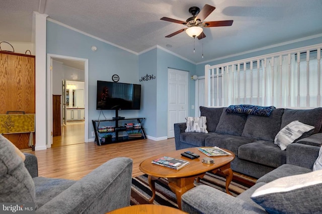 400 Fork River Rd N, Shenandoah, VA 22849 - living area with wood finished floors, a ceiling fan, ornamental molding, baseboards, and a textured ceiling