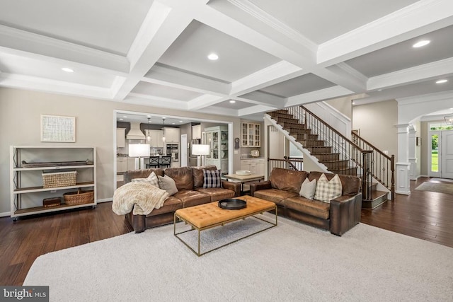 11219 Kailee Ln, Spotsylvania, VA 22553 - living room featuring decorative columns, coffered ceiling, wood-type flooring, arched walkways, and stairs