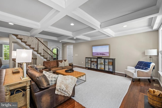 11219 Kailee Ln, Spotsylvania, VA 22553 - living area with wood finished floors, coffered ceiling, stairs, beam ceiling, and recessed lighting