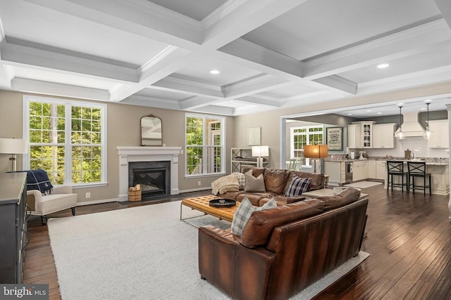 11219 Kailee Ln, Spotsylvania, VA 22553 - living room featuring dark wood-style flooring, beamed ceiling, coffered ceiling, a fireplace with flush hearth, and plenty of natural light