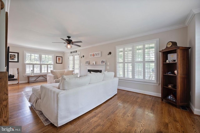 52 N St, Warrenton, VA 20186 - living area featuring crown molding, baseboards, ceiling fan, wood finished floors, and a fireplace