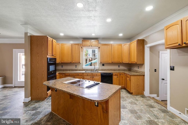 369 Eldon Yates Dr, Stanley, VA 22851 - kitchen with black appliances, a kitchen island, crown molding, recessed lighting, and a breakfast bar