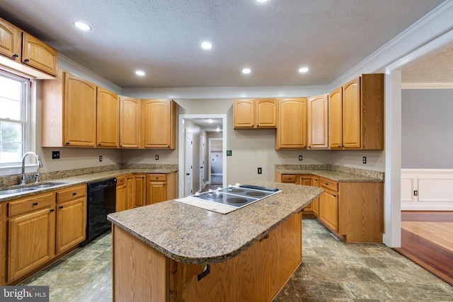 369 Eldon Yates Dr, Stanley, VA 22851 - kitchen with black dishwasher, electric stovetop, stone finish floors, a center island, and crown molding