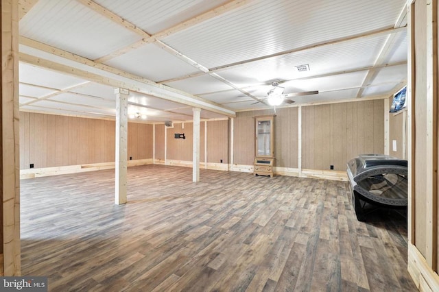 369 Eldon Yates Dr, Stanley, VA 22851 - finished basement featuring wood finished floors, wooden walls, and a ceiling fan