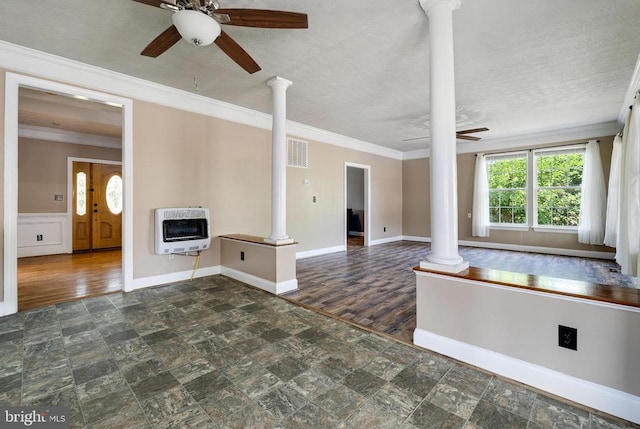 369 Eldon Yates Dr, Stanley, VA 22851 - unfurnished living room with heating unit, ornate columns, ceiling fan, crown molding, and stone finish floors