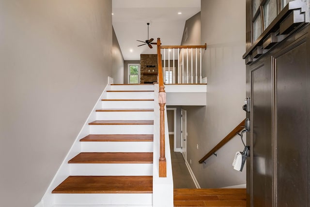 17 Mcilwee Ln, Staunton, VA 24401 - stairway with a high ceiling, a ceiling fan, wood finished floors, recessed lighting, and baseboards