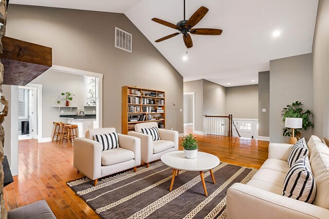 17 Mcilwee Ln, Staunton, VA 24401 - living room with high vaulted ceiling, ceiling fan, wood finished floors, and recessed lighting