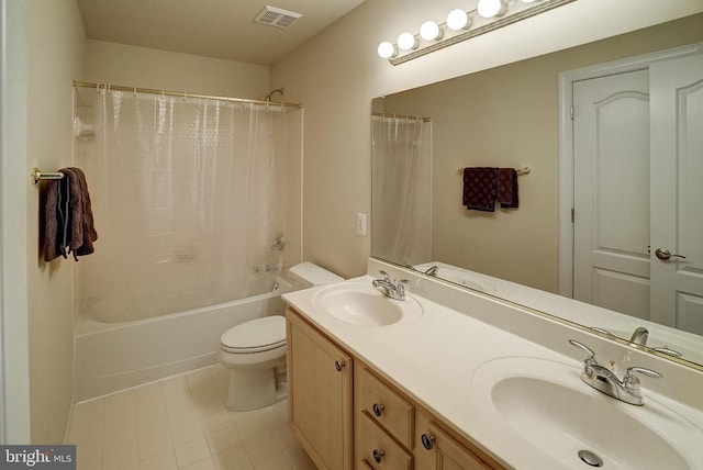 12400 Eustace Dr, Bumpass, VA 23024 - bathroom featuring toilet, shower / tub combo with curtain, double vanity, and tile patterned floors