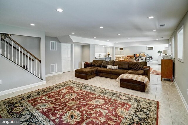 12400 Eustace Dr, Bumpass, VA 23024 - living area with recessed lighting, stairs, baseboards, and light tile patterned flooring