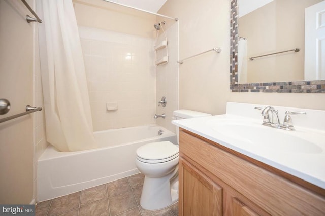  - full bathroom with shower / bath combination with curtain, vanity, and tile patterned floors