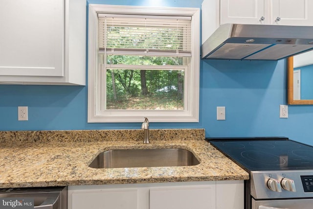 236 Laurel Dr, Madison, VA 22727 - kitchen featuring stainless steel appliances, under cabinet range hood, white cabinetry, and light stone counters