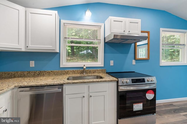 236 Laurel Dr, Madison, VA 22727 - kitchen featuring appliances with stainless steel finishes, under cabinet range hood, wood finished floors, white cabinets, and vaulted ceiling