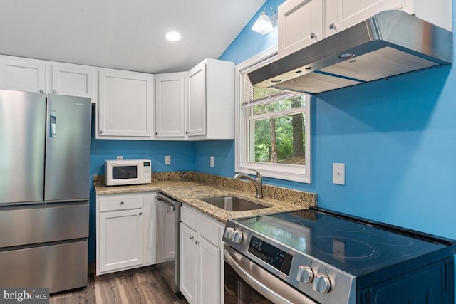 236 Laurel Dr, Madison, VA 22727 - kitchen featuring stainless steel appliances, under cabinet range hood, white cabinetry, light stone countertops, and dark wood-style floors