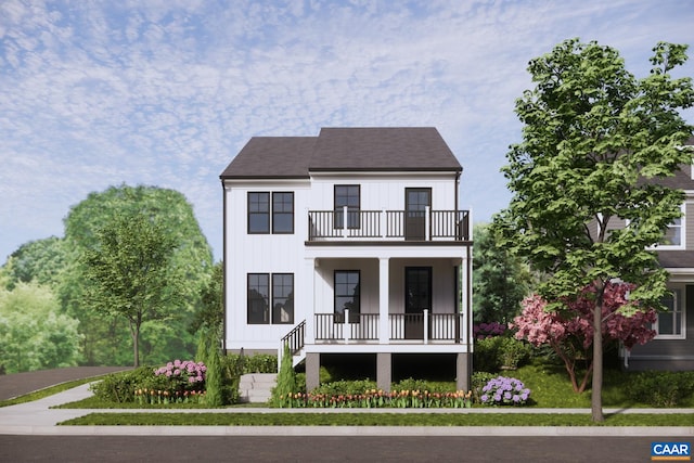 view of front of home featuring a balcony, board and batten siding, and a porch